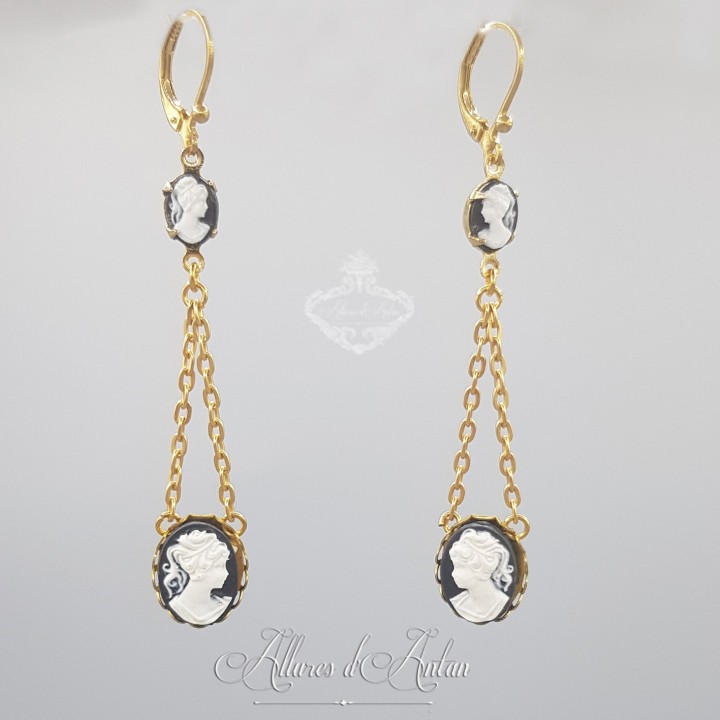 Boucles d'oreilles camées Noir/Ivoire